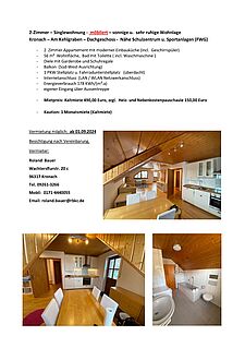 2-Zimmer – Singlewohnung - möbliert – sonnige u. sehr ruhige Wohnlage