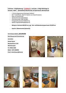 2-Zimmer – Singlewohnung - ( möbliert ) – zentrale u. ruhige Wohnlage in: Kronach, Nähe… LGS-Gelände, Musikschule, KZ-Gymnasium, Berufsschule